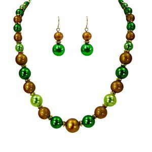 Green and gold bead necklace and earring set with round beads colorful necklace